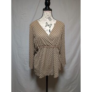 Axcess by Claiborne Vintage Women's Brown Tan Printed‎ Wrap Blouse Size XL